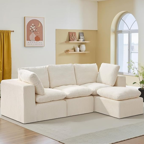 Beige L-Shaped Modular Sectional Couch with 3-Seat Cloud Chaise & Sponge Cushion