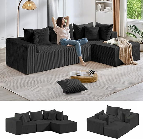 Black 104" Cloud Sectional Couch with L-Shape Chaise, 4 Seats