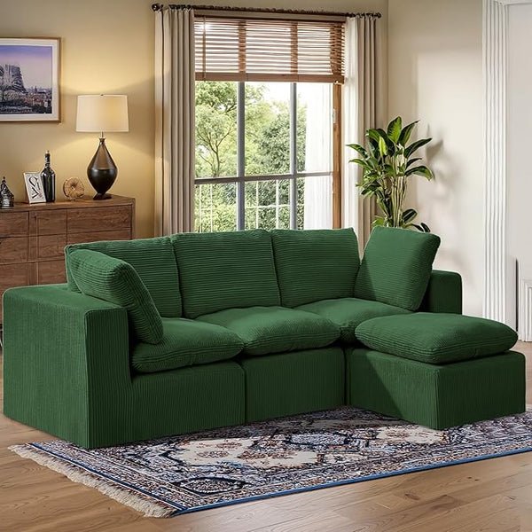 Green L-Shaped Couch Modular Sectional Sofa,3 Seat Comfy Cloud Couch Chaise, with Sponge Cushion
