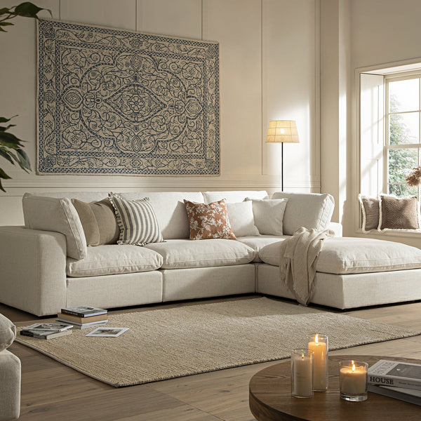 Beige Linen Blend Modular Sofa, 3-Piece Chaise