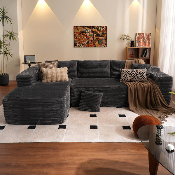 104" L-Shape Modular Couch with Chaise, Plush Corduroy Fabric, No Assembly Required